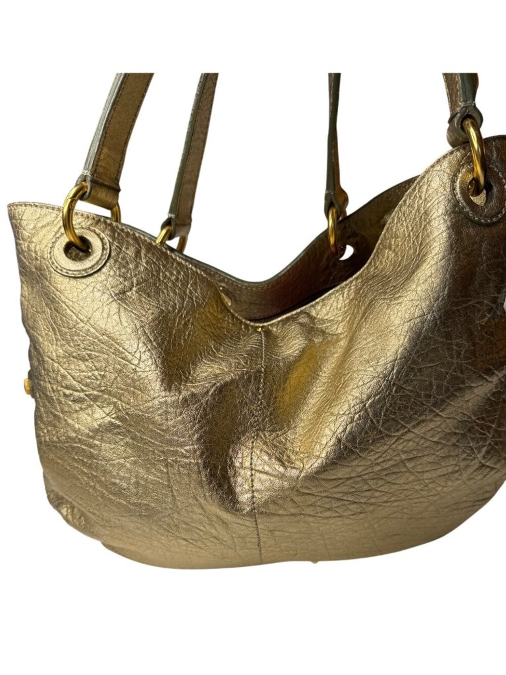 Loyd Maish Metallic Gold Leather Tote Bag With Dual Handles & Geometric Lining